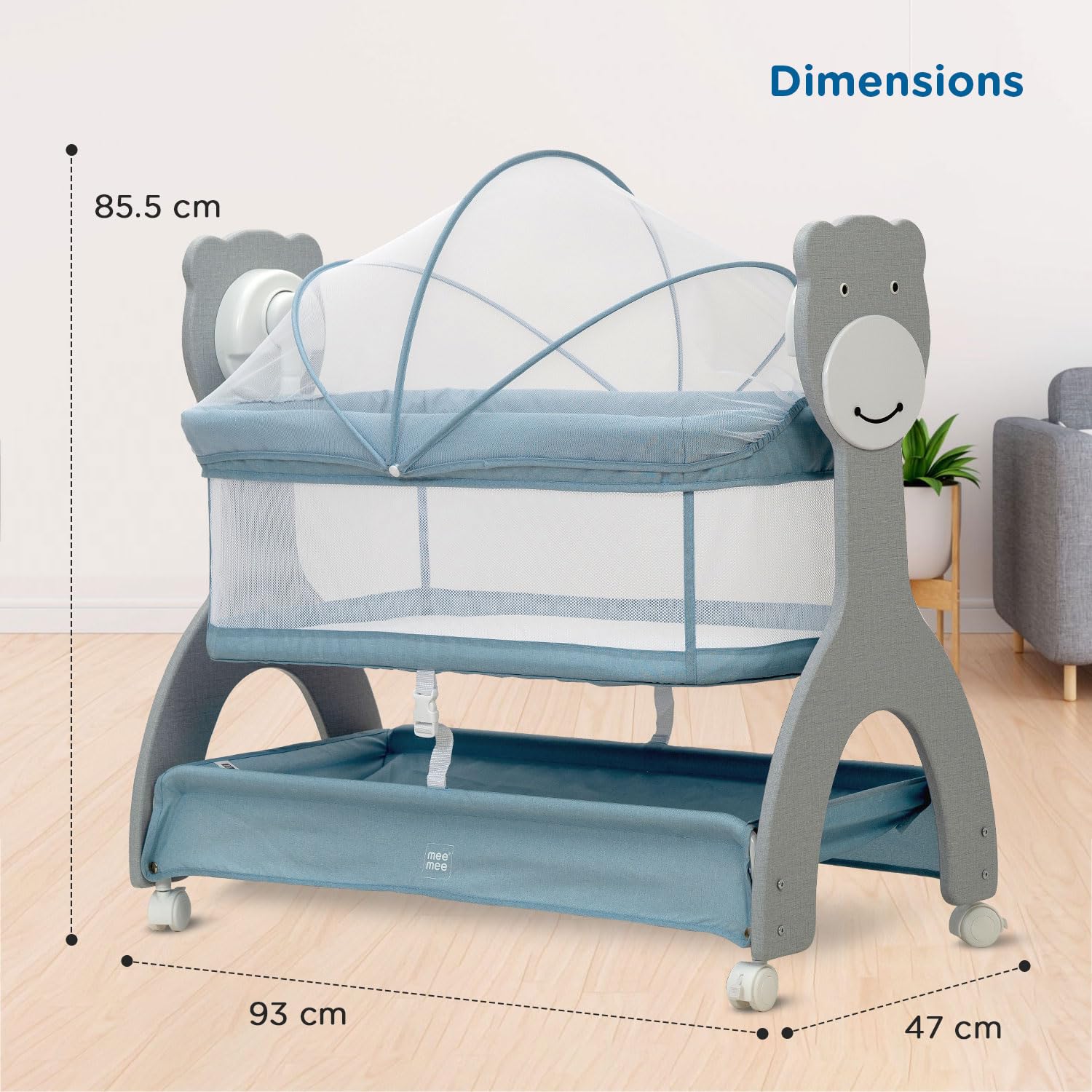 Children's playpen with dimensions displayed on a light wooden floor.